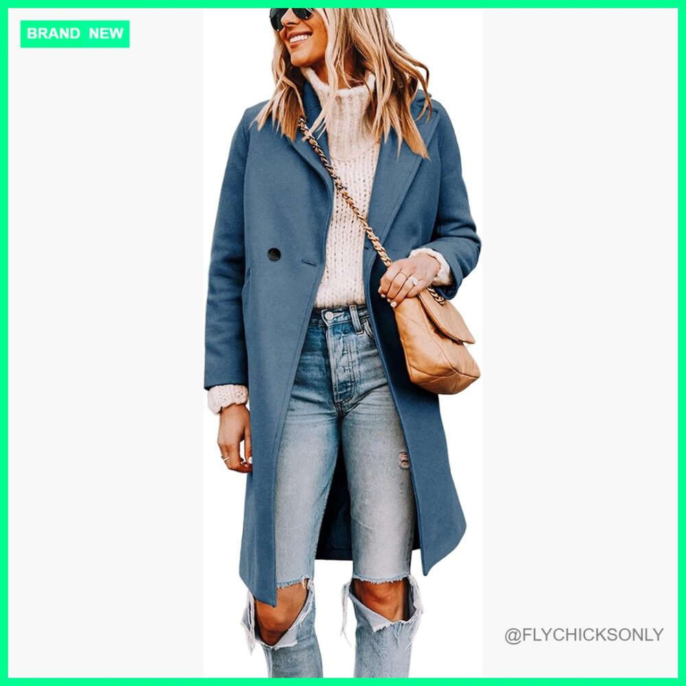 Wool Blend Pea Trench Coat With Notch Lapel And Double Breasted Closure